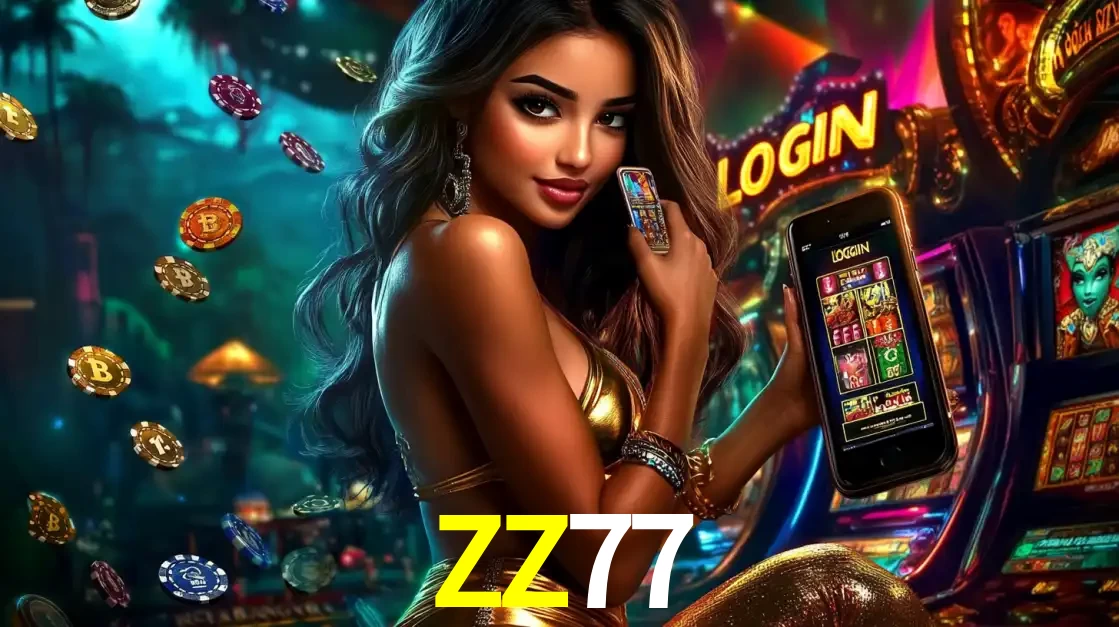 Mulher em um cenário de cassino temático de aventura, mostrando o app de caça-níqueis da ZZ77 no celular. Fichas de apostas flutuam ao redor.