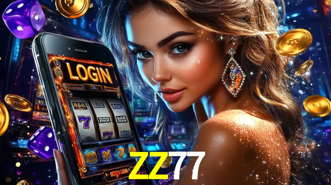 Mulher glamorosa segurando um smartphone com a tela de login para os jogos de caça-níqueis do cassino online ZZ77, com moedas de ouro e dados ao redor.