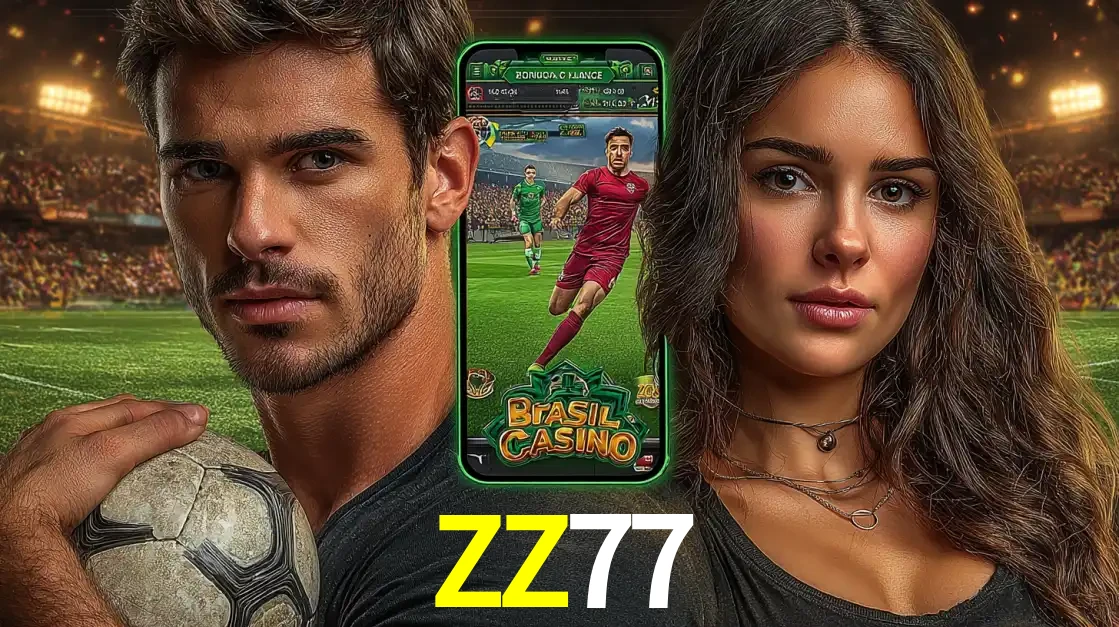 Homem segurando uma bola de futebol e uma mulher ao lado de um smartphone exibindo o jogo de apostas esportivas da ZZ77. Faça seu palpite no cassino online.
